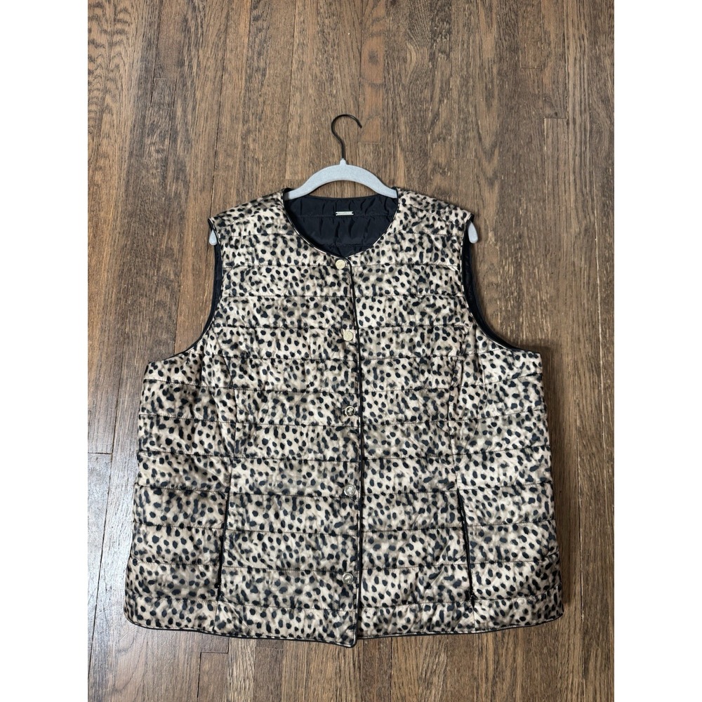 Tommy Bahama Reversible Leopard Print Quilted Puffer Vest Black Gold XL Womens